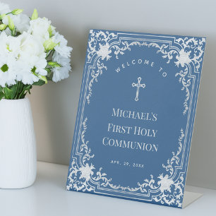 Blue Boy First Communion Welcome Elegant Vintage Pedestal Sign