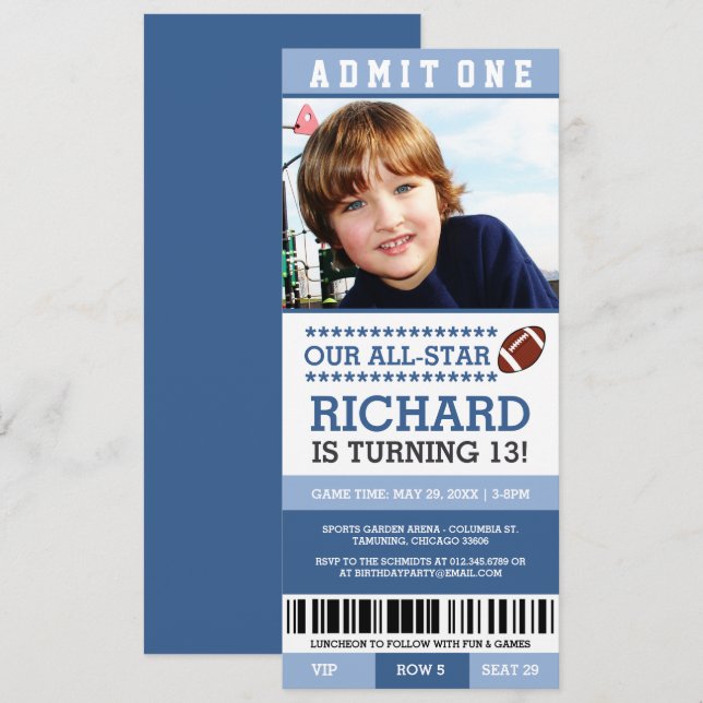 Blue Boy Football Ticket Birthday Invites (Front/Back)