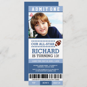 Blue Boy Football Ticket Birthday Invites