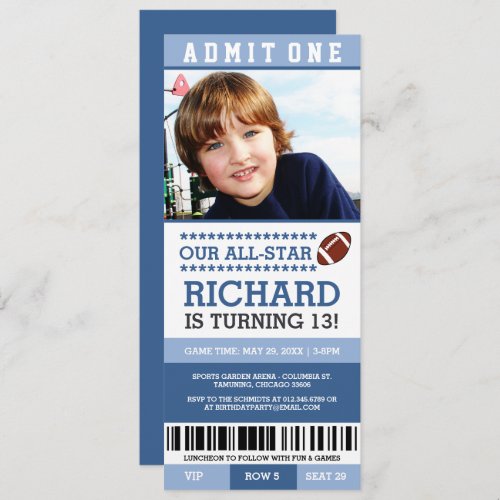 Blue Boy Football Ticket Birthday Invites