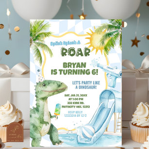 Blue Boy Groovy Dinosaur Pool Birthday Party  Invitation