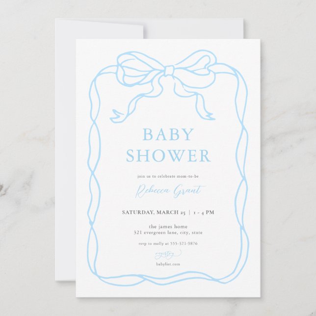 Blue Boy Hand Drawn Bow Baby Shower Invitation (Front)