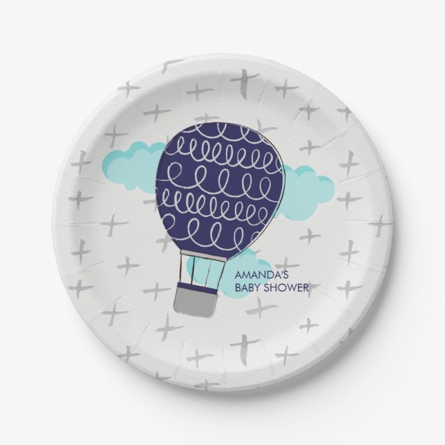 Blue Boy Hot Air Balloon Baby Shower Party Paper Plates (Front)