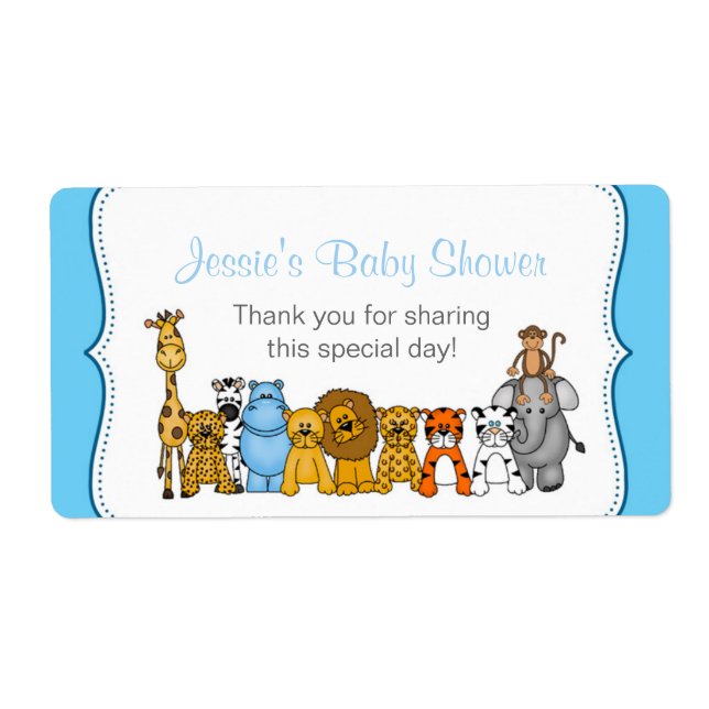 Blue boy Jungle Animals Water Bottle Favor Label (Front)