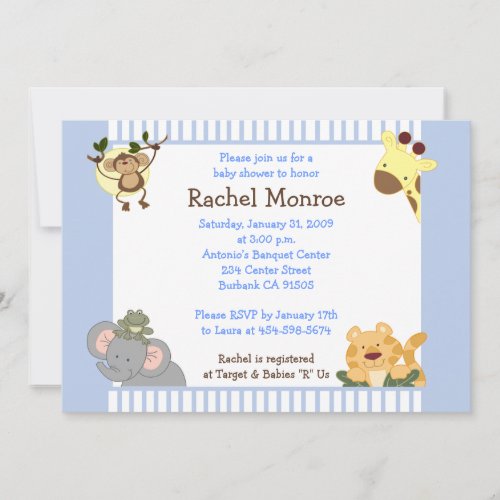 Blue Boy Jungle Safari Friends 5x7 Baby Shower Invitation