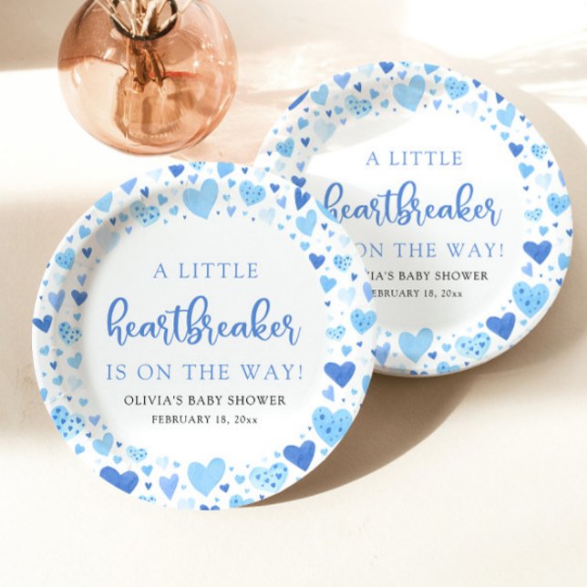 Blue Boy Little Heartbreaker Valentine Baby Shower Paper Plates (Creator Uploaded)
