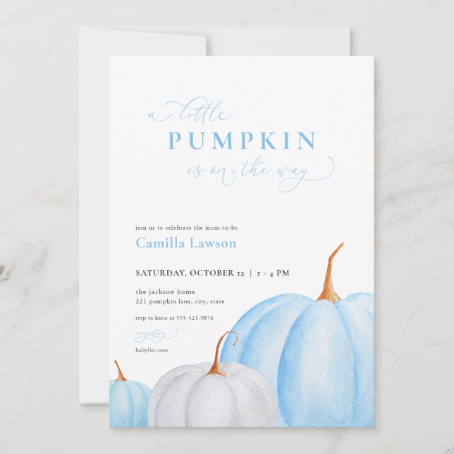 Blue Boy Little Pumpkin Baby Shower Invitation (Front)