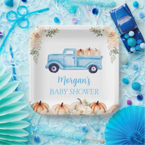 Blue Boy Little Pumpkin Cute Baby Shower Paper Plates