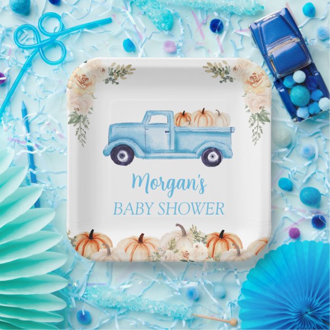 Blue Boy Little Pumpkin Cute Baby Shower Paper Plates (Party)