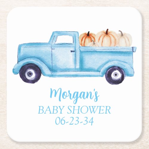 Blue Boy Little Pumpkin Cute Baby Shower Square Paper Coaster