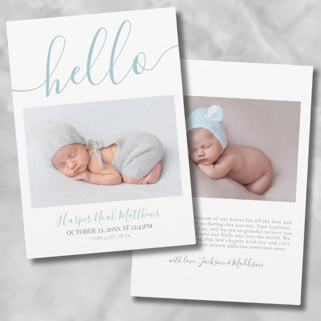 Blue Boy Minimalist Photo Baby Announcement Card (Minimalist Baby Boy Photo Birth Announcement Card)