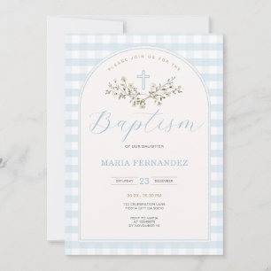 Blue Boy Modern Wildflowers Christening Gingham Invitation