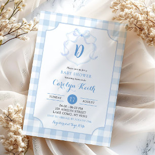 Blue Boy Monogram Watercolor Crest Baby Shower Invitation