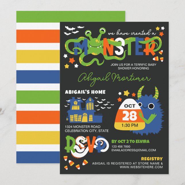 Blue Boy Monster Typography Halloween Baby Shower Invitation (Front/Back)