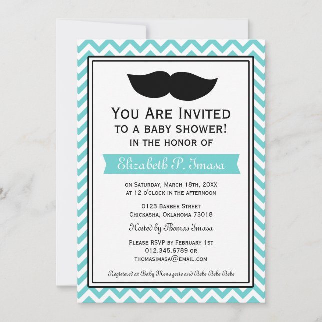 Blue Boy Moustache Chevron Baby Shower Invitation (Front)