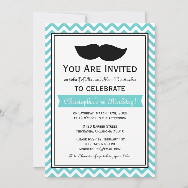 Blue Boy Moustache Chevron Birthday Party Invitation (Front)
