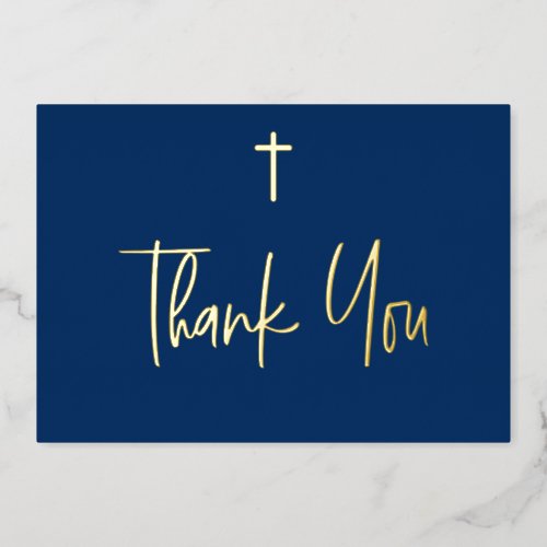 Blue Boy name First communion Thank You Gold Cross Foil Invitation