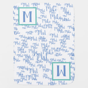 blue boy name pattern on white monogrammed baby blanket