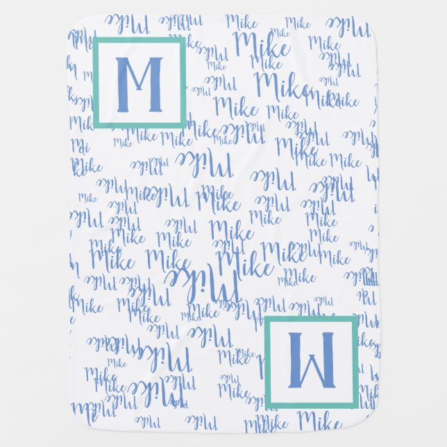 blue boy name pattern on white monogrammed baby blanket (Front)