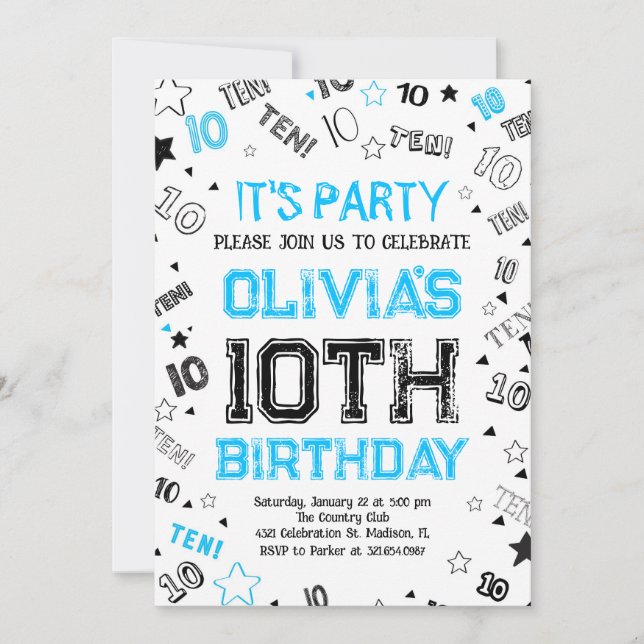 Blue Boy Number Ten Birthday Party Invitation (Front)