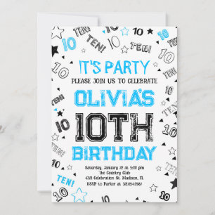 Blue Boy Number Ten Birthday Party Invitation