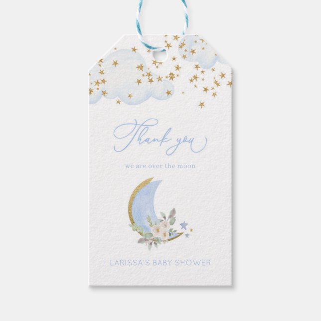 Blue Boy Over the Moon Baby Shower Favor Tag (Front)
