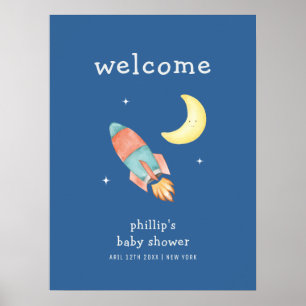Blue Boy Over The Moon Rocket Baby Shower Welcome  Poster