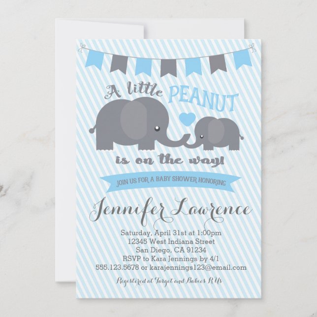Blue Boy Peanut Elephant Baby Shower invitation (Front)