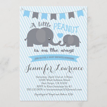 Blue Boy Peanut Elephant Baby Shower Invitation