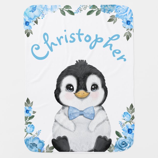 Blue Boy Penguin Baby Blanket with Name  (Front)