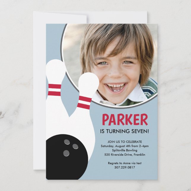 Blue Boy Photo Bowling Birthday Party  Invitation (Front)