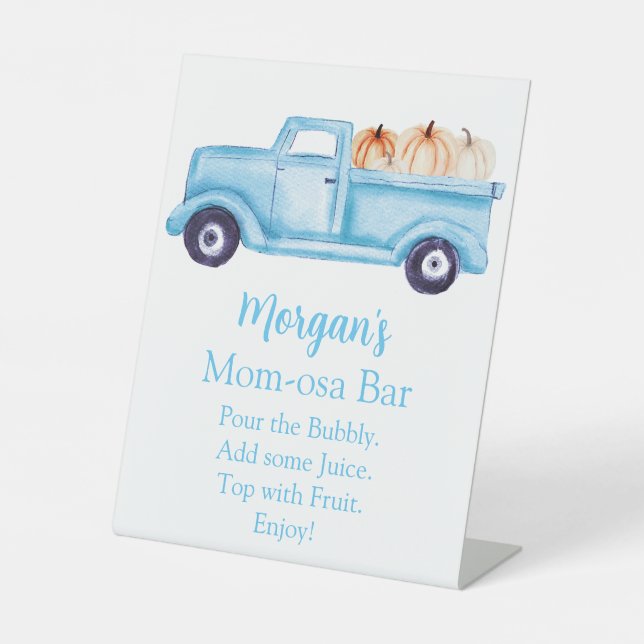 Blue Boy Pumpkin Baby Shower Mom-osa Bar Pedestal Sign (Front)