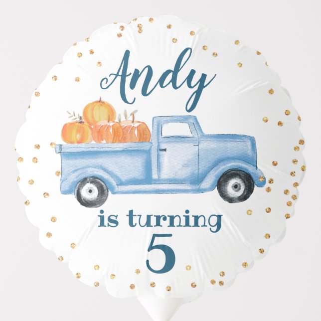 Blue Boy Pumpkin Truck Birthday Balloon (Front)