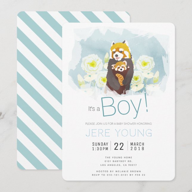 Blue Boy 'Red Panda' Baby Shower Invitation Card (Front/Back)