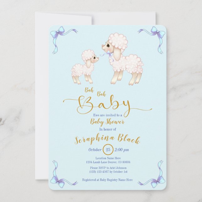 Blue Boy Ribbon Lamb Baby Shower Invitation (Front)