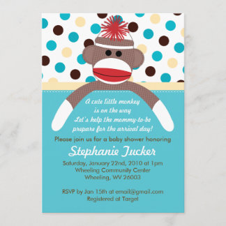 Blue Boy Sock Monkey Baby Shower Invitation