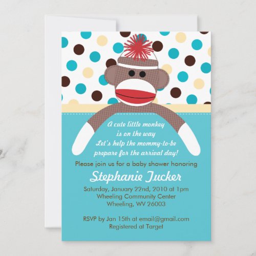 Blue Boy Sock Monkey Baby Shower Invitation