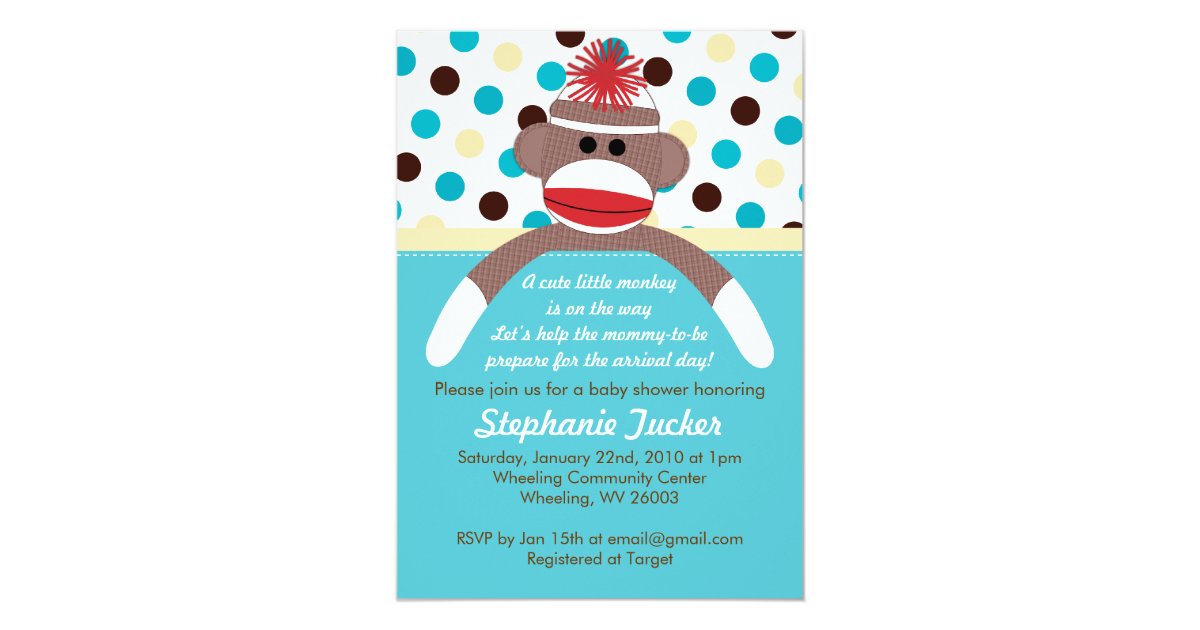 Blue Boy Sock Monkey Baby Shower Invitation