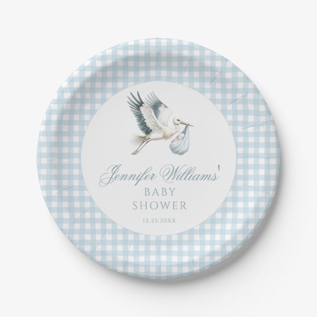 Blue Boy Stork Baby Shower Gingham Paper Plates (Front)