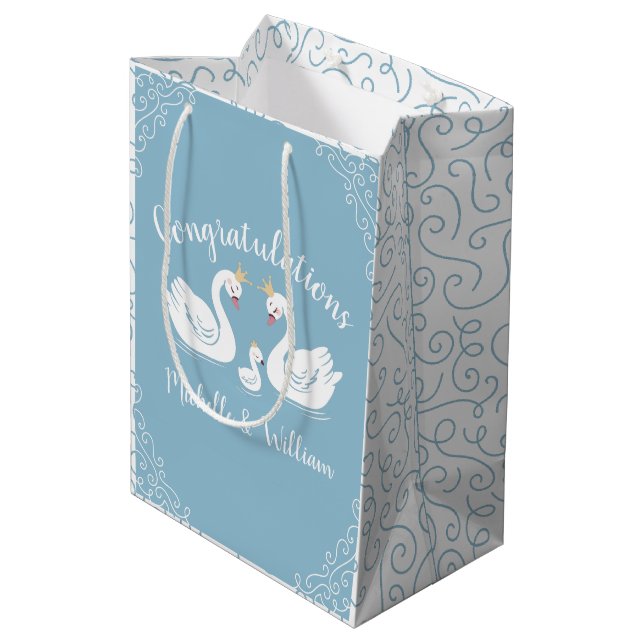 Blue Boy Swan Baby Shower Medium Gift Bag (Back Angled)