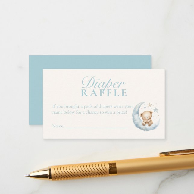 Blue Boy Teddy Bear Baby Shower Diaper Raffle Card (Front/Back In Situ)