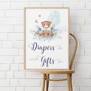Blue Boy Teddy Bear Baby Shower Diapers & Gift Poster