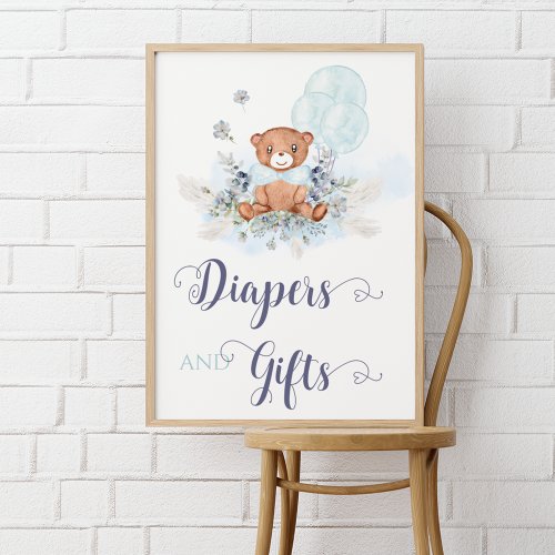 Blue Boy Teddy Bear Baby Shower Diapers  Gift Poster