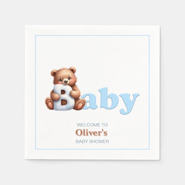 Blue Boy Teddy Bear Baby Shower Napkins (Front)