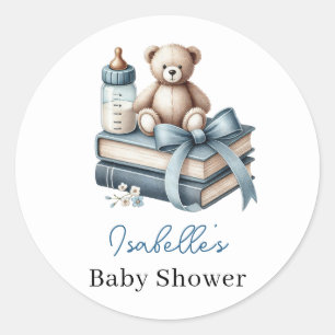 Blue Boy Teddy Bear Baby Shower New Chapter Begins Classic Round Sticker