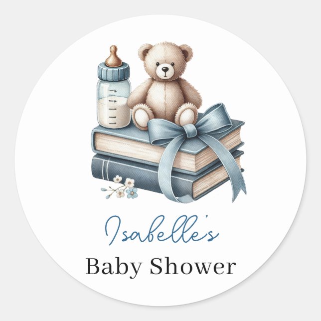 Blue Boy Teddy Bear Baby Shower New Chapter Begins Classic Round Sticker (Front)