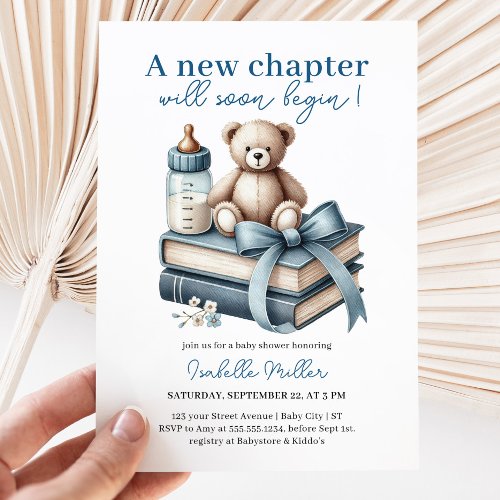 Blue Boy Teddy Bear Baby Shower New Chapter Begins Invitation