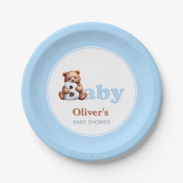Blue Boy Teddy Bear Baby Shower Paper Plates (Front)