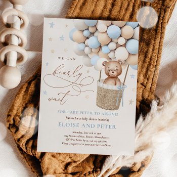 Blue Boy Teddy Bear Balloon Baby Shower Invitation by PixelPerfectionParty at Zazzle