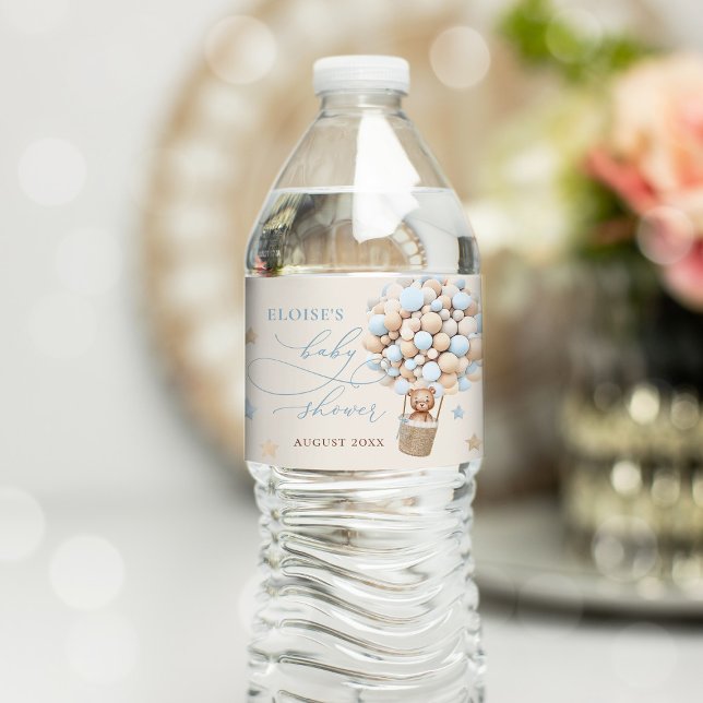 Blue Boy Teddy Bear Balloon Baby Shower Water Bottle Label (Creator Uploaded)